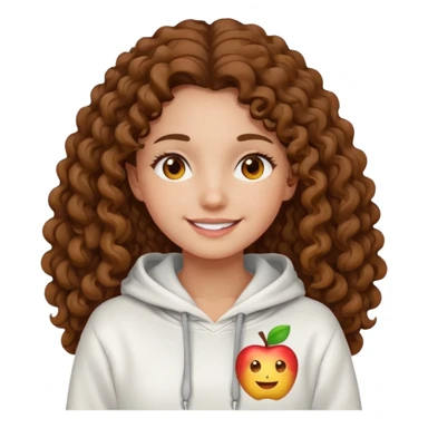 Una ragazza con una felpa semplice bianca,ha gli occhi marroni,i capelli marroni  , c’è gli ha lunghi e ricci  e ha le ciglia lo stile dell immagine deve essere  stile emoji apple sticker