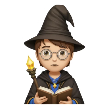 ["A sad boy with light skin, straight hair, wearing a wizard hat and round glasses, dressed in punk fashion, is reading a book while holding a phone."] sticker