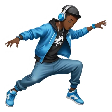 Icon for Street Dance: a dancer in urban streetwear performing a dynamic breakdance move, with a spray-painted background and headphones. The icon should represent the energy, style, and creativity of street dance culture. Transparent background. sticker