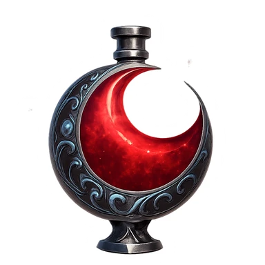 prabangus eliksyro buteliukas, raudono mėnulio forma, paslaptingas, mistinis, sodri raudona spalva, sidabrinės ir holografinės detalės, labai mažas kaklelis, vientisas dugnas, dar daugiau magiškų efektų, skaidrus fonas, buteliukas plūduriuoja ore, be pagrindo ar šešėlio, modernus, kolekcijai tinkamas sticker