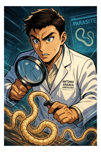 A dynamic manga/webtoon-style illustration of a young male kinesiologist wearing a clean white lab coat, analyzing light beige worms like a tapeworm under a magnifying glass. His expression is focused and slightly intrigued, with sharp, detailed eyes. The art style is vibrant, with bold linework, rich colors, and dramatic lighting. The background is a futuristic laboratory with glowing holographic screens displaying parasite data. The tapeworm is intricately drawn, slimy and segmented, with a slightly exaggerated yet realistic texture. The composition is dynamic, with motion lines or energy effects to emphasize his scientific investigation. The atmosphere is intense but not dark, keeping a balance between scientific seriousness and stylish manga aesthetics, he has "ANTONIO ANANIA" WRITTEN ON WHITE LAB COAT sticker