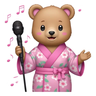 A cute light-brown bear wearing a pastel pink sakura-patterned kimono, normal balanced body ratio.  
Holding a microphone and singing happily, music notes floating around and a bright joyful smile.  
Kawaii emoji style, minimalistic clean sticker illustration, white background. sticker