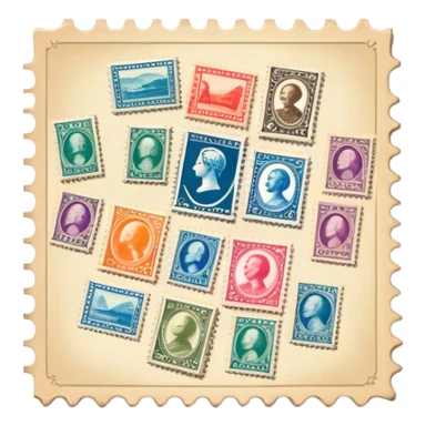 Icon for Stamp Collecting: a large stamp block in the center and a collection of vintage and colorful stamps arranged in an album or on a desk around, with showcasing different themes. The icon should reflect the charm and history of philately. Transparent background. sticker