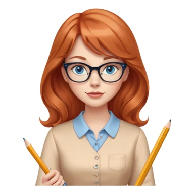 redheaded woman with long wavy hair and bangs, blue eyes, cat-eye glasses, wearing a pencil skirt and apricot blouse, holding a pencil sticker