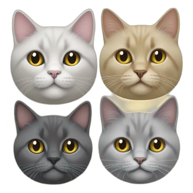 Create 4 face cat 's emoji. Includes black British Shorthair, yellow British Longhair, Himalayan Longhair, gray British Shorthair. The only British longhaired yellow cat is the tabby.  sticker