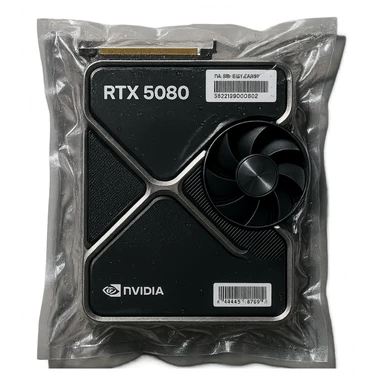vacuum-sealed Nvidia RTX 5080 GPU, tightly wrapped and glossy sticker