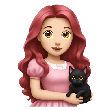Long Dark Red hair, white skin wearing pink dress girl who is holding a black cat sticker