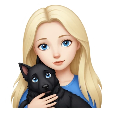 pretty woman with pale skin and who has BLUE eyes and very long blonde hair and is  hugging a black shepherd dog. The dog has brown eyes but the woman has blue eyes.  sticker