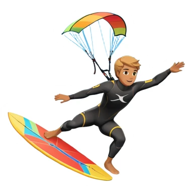 An athlete in a wetsuit riding a kiteboard, soaring over the sea waves with the kite high in the sky. The background features a vibrant blue sky and crashing ocean waves, capturing the thrill and freedom of kitesurfing in dynamic motion. sticker