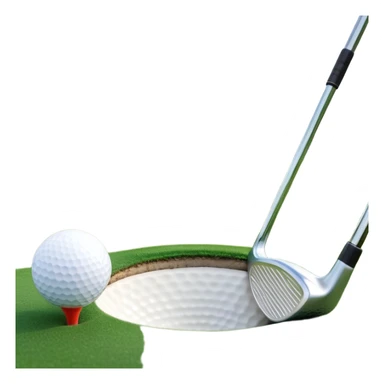 A golf ball on a tee with a golf club placed beside it, set against the backdrop of a well-manicured green golf course. The scene emphasizes the equipment and serene atmosphere of the sport, with soft lighting and a peaceful, open landscape sticker