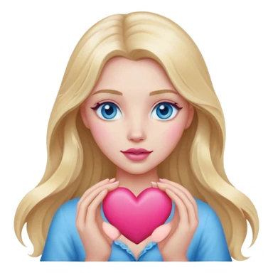 A realistic blonde with long hair and blue eyes and pink lips holds a heart in her hands sticker