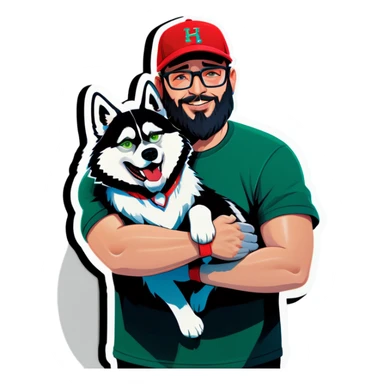 A bold man with a grey baseball cap, green eyes, big beard and glasses hugging a husky sticker
