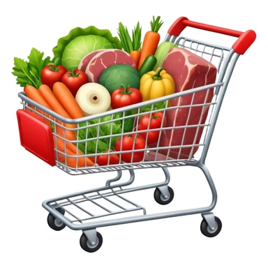 full grocery cart with packed meat, vegetables and fruits sticker