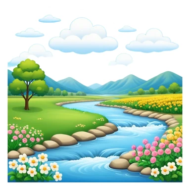 landscape with river, flowers, and clouds sticker