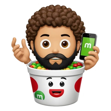 KFC bucket with a green M&M character sitting inside it, the M&M has a black beard, curly hair, and is holding an iPhone sticker