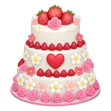 Add even more pink and white flowers to the white wedding cake with strawberries and heart topper in emoji style, with no background. The style should resemble emoji style with vibrant colors and simple shapes. sticker