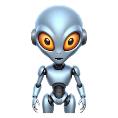 robotic alien character, metal body parts, glowing eyes, futuristic alien design, sci-fi vibe, 3D cartoon, mobile game icon style, clean background, no text, no watermark
 sticker