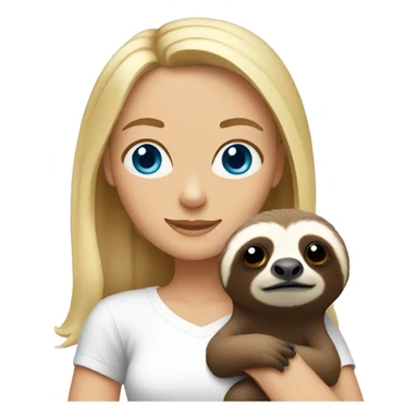 Lady with shoulder length blonde hair and blue eyes in white t-shirt holding a sloth sticker