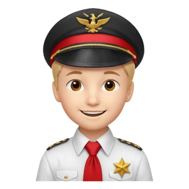 A Soviet pioneer emoji — smiling young boy wearing a white shirt with a bright red pioneer necktie and a classic red pilotka cap. The pilotka should look like a Soviet military cap, not a cowboy hat. Flat, smooth 3D shading sticker