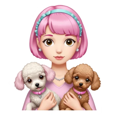 short pixie bangs platinated woman pink hair band，fair-skinned ,no earringsholding two poodles sticker