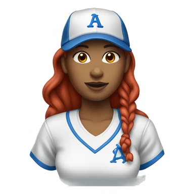 front facing standing up female coach with long red hair, wearing a white t-shirt and a simple baseball blue hat sticker