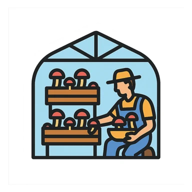 fungi farm scene showing a farmer harvesting mushrooms from raised beds inside a modern greenhouse, flat vector icon style sticker