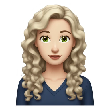 A pale white girl with curly brown hair that reaches down to her chest, her hairstyle parted in the middle, grayish green eyes with a mole next to her left eye and wearing a navy blue shirt and natural pink lips. sticker