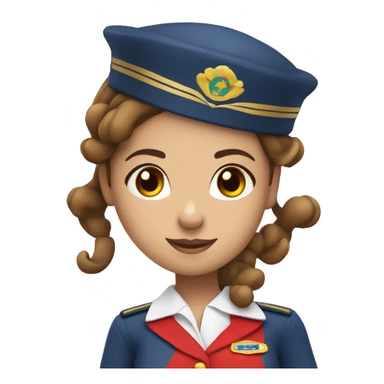 A white stewardess with brown hair in a red uniform and a red beret with brown eyes sticker