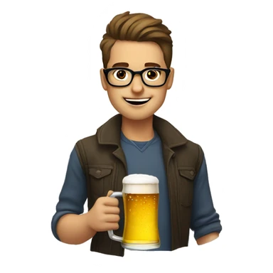 stylish young man with glasses drinking a beer by a cae sticker