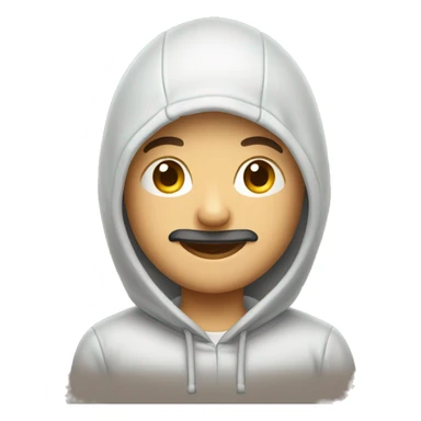 smiling bald boy in hoodie with mustach sticker