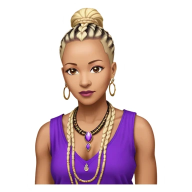 African american 57yr old , brown chocolateskinned  woman who is 5ft 6in with a blonde and black mohawk of individual braids, with low shaved side haircut,
wearing a purple,  dashiki, with an gold  necklace of Draya inscribed,  wearing big gold bamboo earrings in ears with the name engraved of Draya sticker