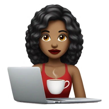 Girl with black hairs black eyes with red lips and laptop and cup of coffee  sticker