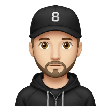 Hombre de ojos claros, con barba fina y perilla, gorra negra de baseball bordada con un 8, y sudadera negra sticker