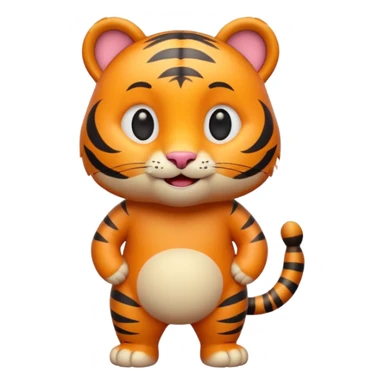 Cute tiger emoji, full body, standing pose, smiling face, big round eyes, orange fur with black stripes, chubby and adorable, short legs, small ears, 3D emoji style, smooth shading, bright colors, simple clean design, transparent background sticker