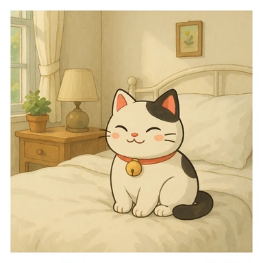 White and black Chinese lucky cat in a cozy white bedroom, kawaii  sticker