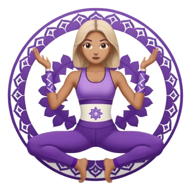 A woman in purple activewear holding warrior two pose, centered with a white mandala pattern behind her. sticker