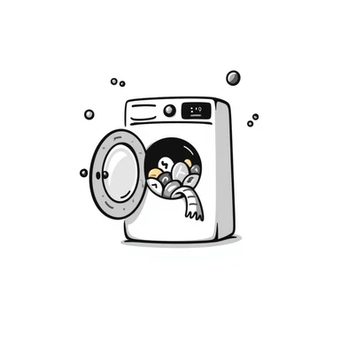 playful hand-drawn doodle of a washing machine with colorful bubbles and clothes peeking out sticker