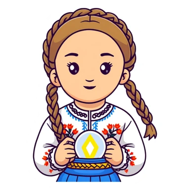 Young Ukrainian girl with braided hair in white traditional embroidered Ukrainian vyshyvanka shirt holding a small glowing light representing the soul sticker