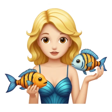A siren holding a Monarch butterfly and playing with a puffer fish sticker
