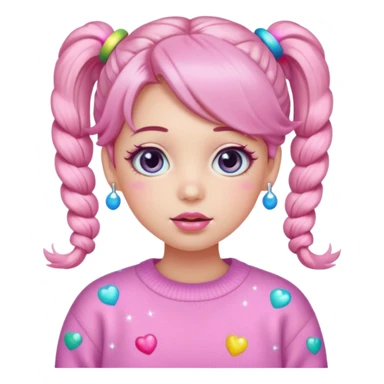 “Emoji girl, pastel pink blush, sparkly wide eyes, glossy bubblegum lips, hair in pigtails with colorful clips, oversized pastel sweater.” sticker