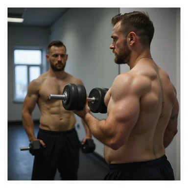 man training with weights in front of a mirror but the reflection shows the same physical shape as before, symbolizing difficulty losing weight, 4K details sticker