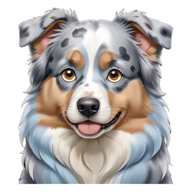 Cinematic Grumpy Tan Point Blue Merle Australian Shepherd Portrait Emoji, Head tilted slightly with a deeply unimpressed expression, thick blue merle fur with bold tan points and subtle white markings, large, droopy blue eyes narrowed into an unamused glare, ears drooping in exasperation, Simplified yet comically expressive features, highly detailed, glowing with a dry, sarcastic glow, high shine, effortlessly judgmental yet dignified, stylized with a touch of cynicism, bright but brooding, soft glowing outline, capturing the essence of an eternally unimpressed yet endearing pup, so lifelike it feels like it could sigh heavily at you in disdain at any moment! sticker