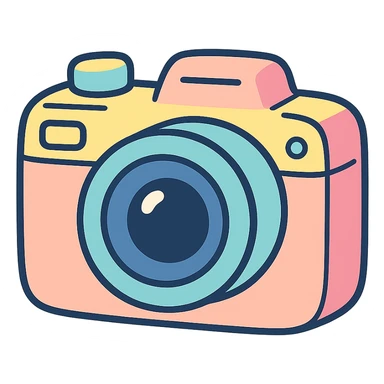 a modern digital camera in pastel toon style, gentle pastel palette, rounded edges sticker