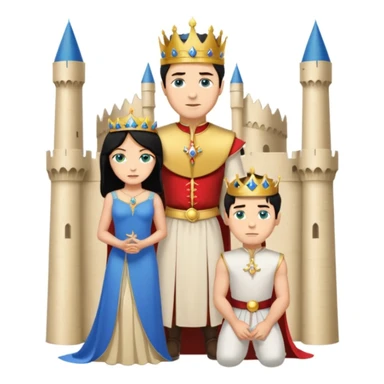 Man as king, standing, black Hair, blue eyes, woman, blonde, green eyes, shott white sleveless Dress, kneeling, background palace sticker