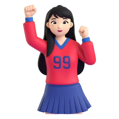 East Asian woman with long black straight hair and bangs wearing Doosan Bears team colors navy blue and red, cheering sticker