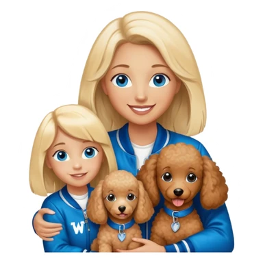 smiling mother in letterman jacket with W Blue eyes, Name is Tini, two Little girls Long blond straight hair and Blue eyes, poodle puppie brown sticker