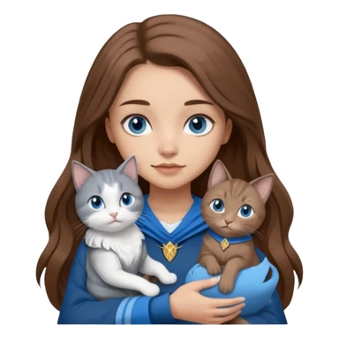gorgeous Girl with light skin, blue eyes, long brown hair, wears a ravenclaw outfit, with a grey and white cat holding in her arms sticker