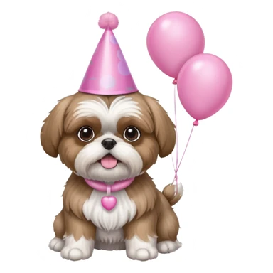 cute shih tzu hold a few pink balloons  with pink birthday hat sticker