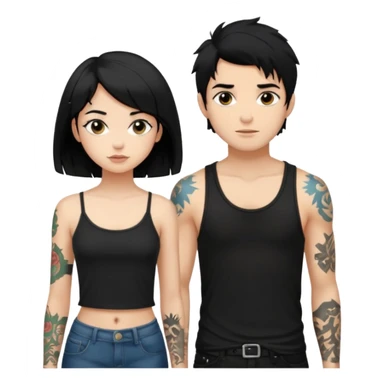 generate a fair boy with messy black hair, tattoos. standing beside a fair black haired girl wearing a black cami top. sticker