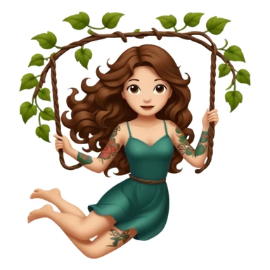 ccute woman long wavy brown hair tattoos swinging on vine sticker